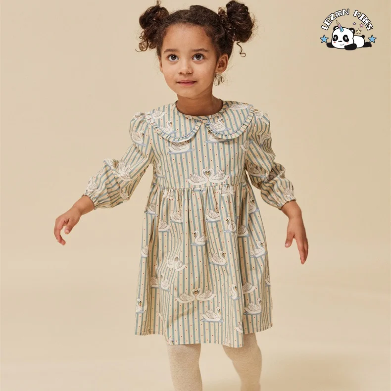 LEZONKIDS - Vestidos Personalizáveis de Alta Qualidade para Meninas com Mangas Longas para Primavera e Outono com Impressão de Cisne e Listras Azuis
